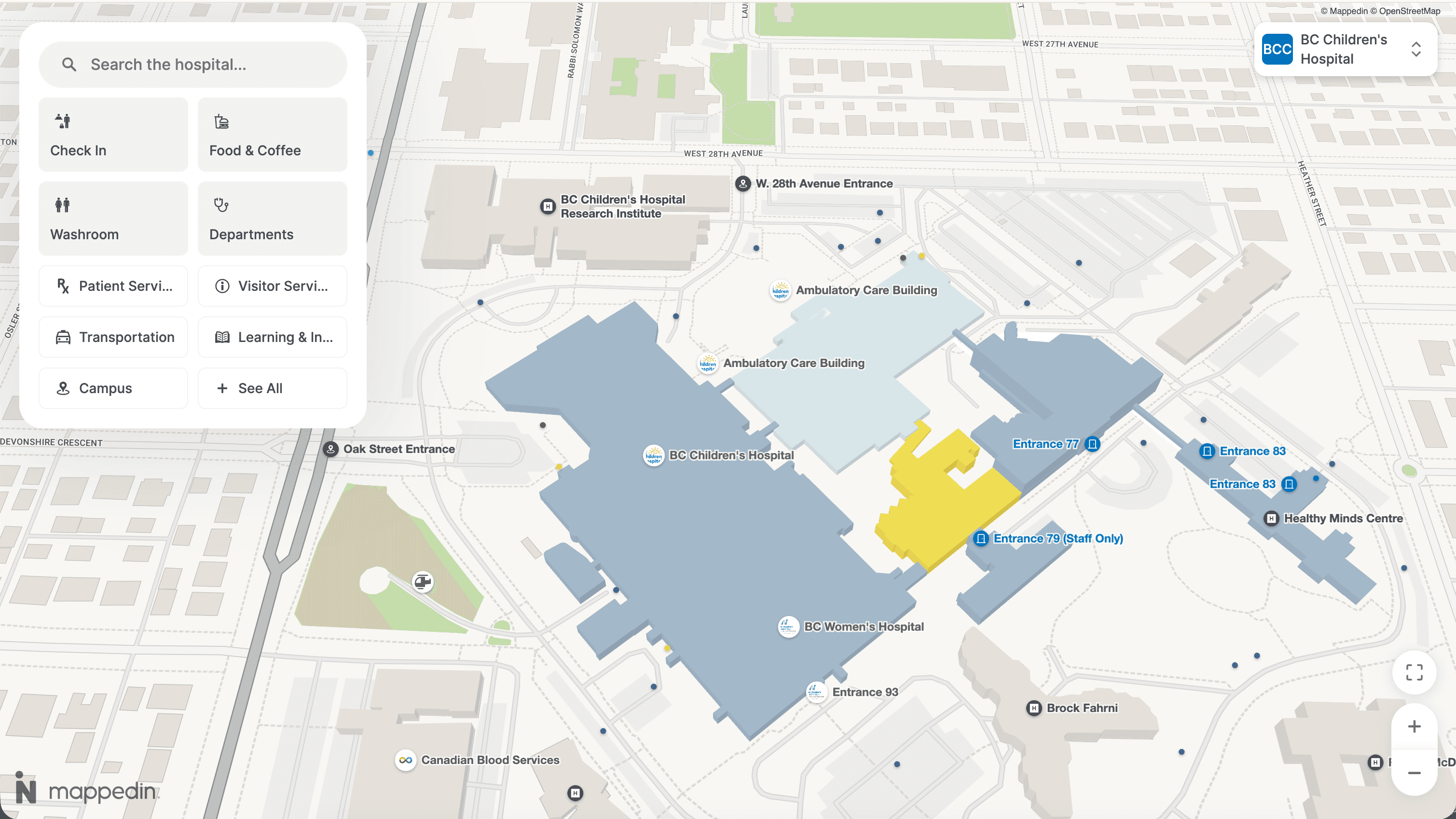 Interactive hospital wayfinding map of BC Childrens Hospital