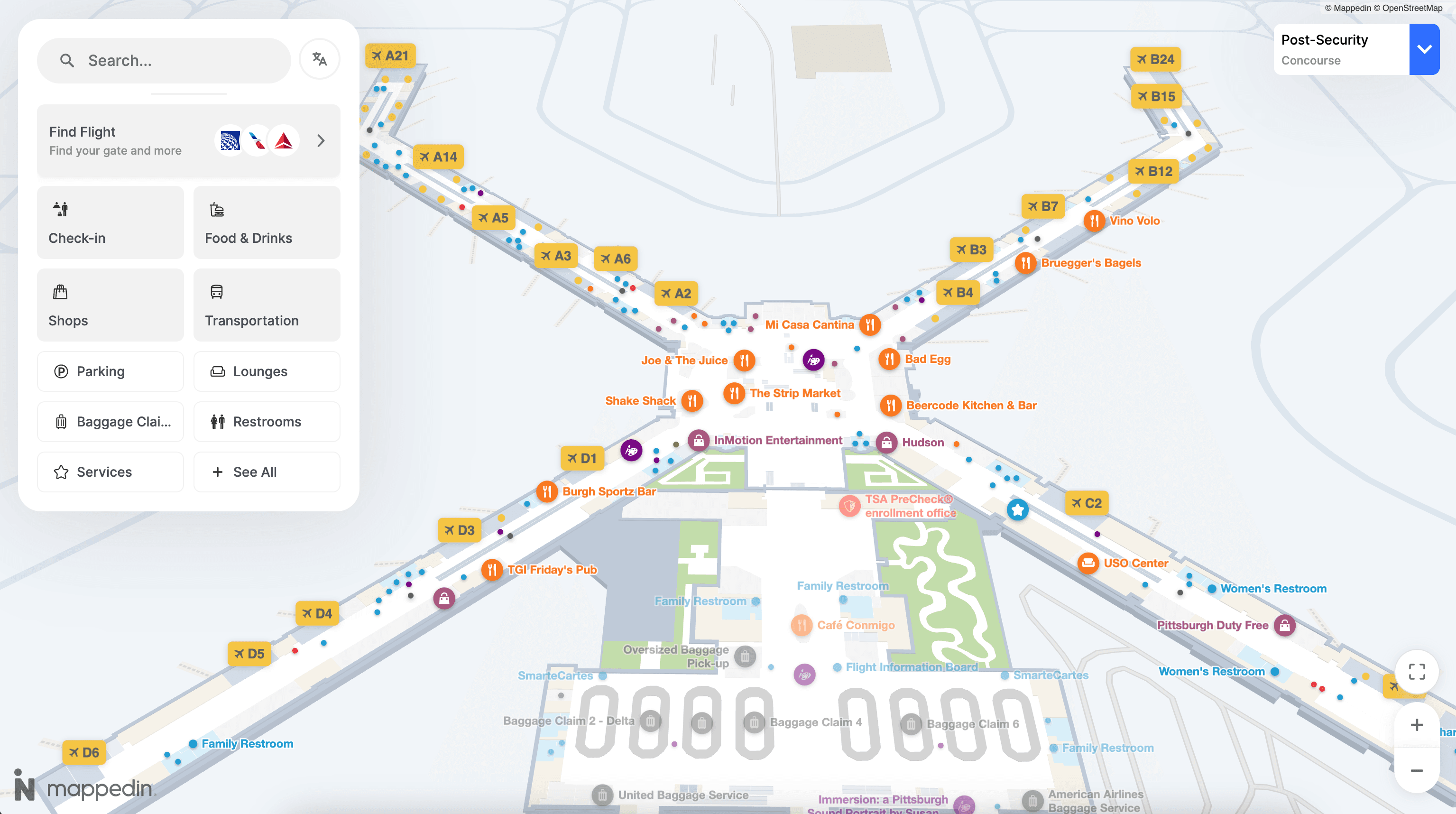 PIT airport mobile navigation app homescreen