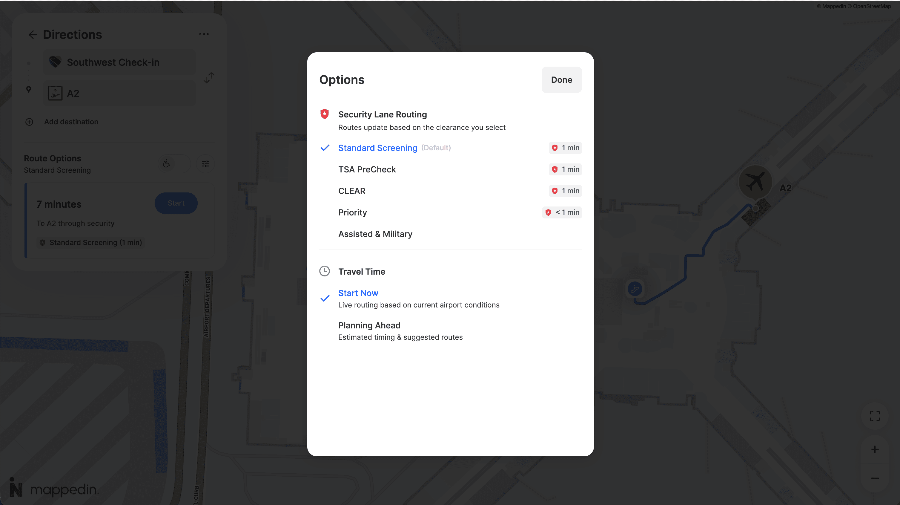 Route options panel for indoor wayfinding