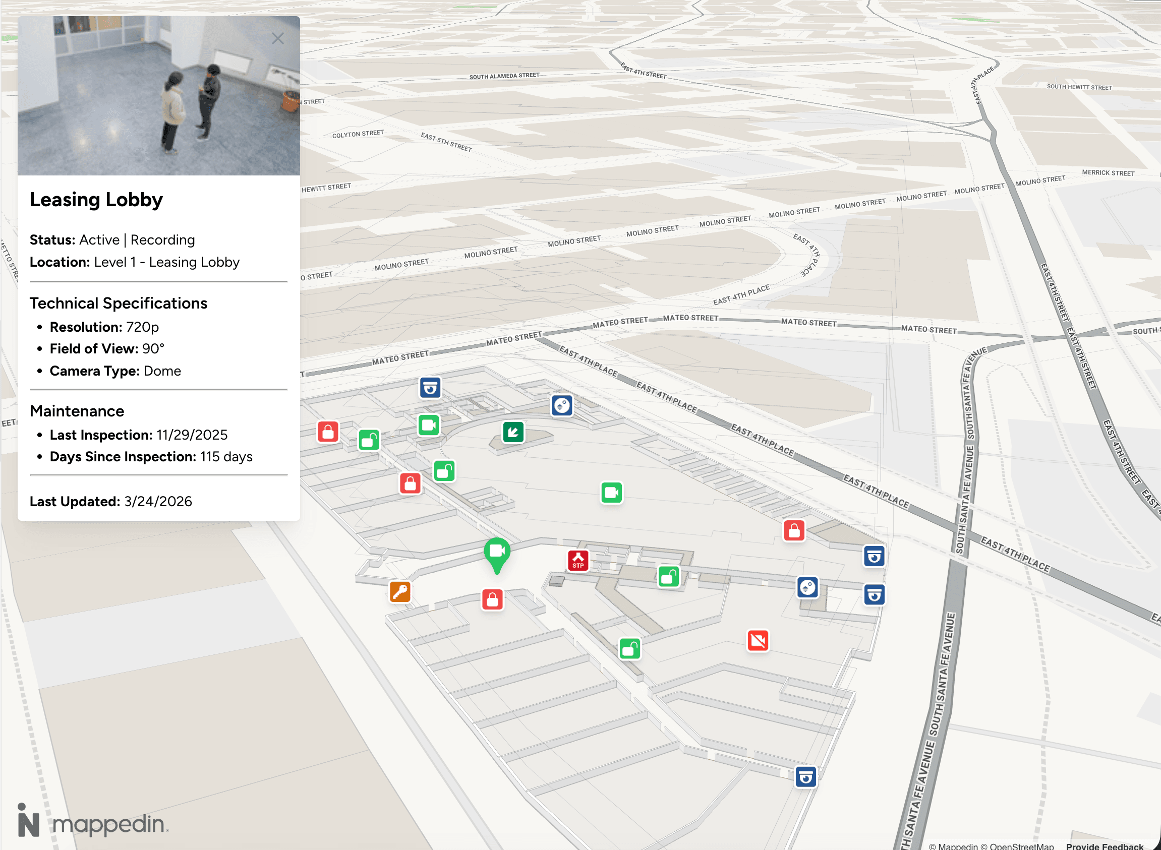 Security camera feed management in security map