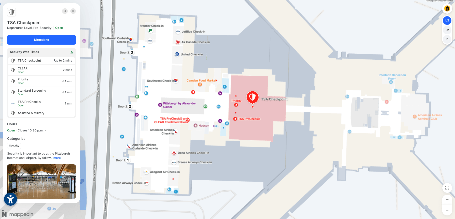 Map showing Airport security lane wait times