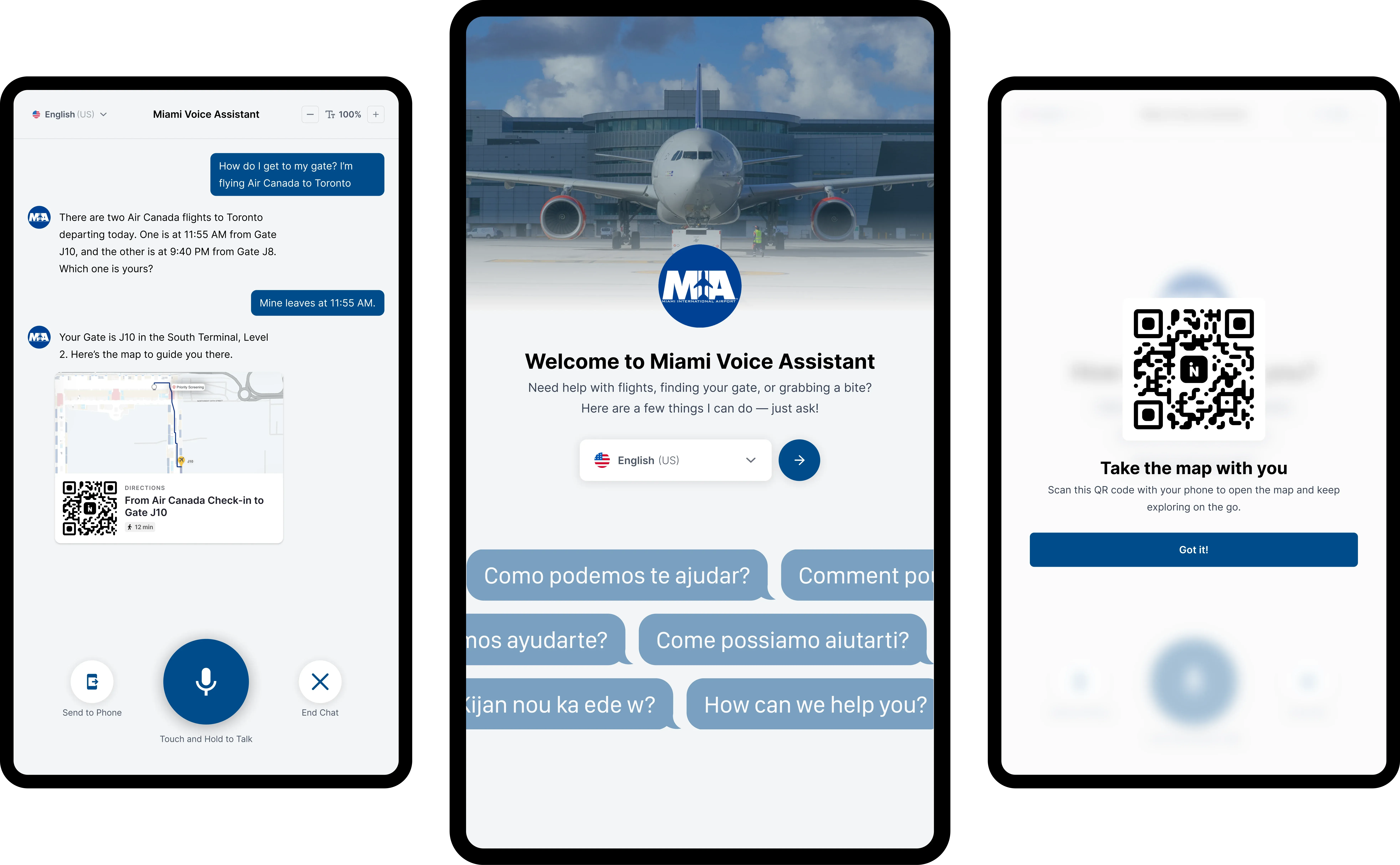 Interactive Mappedin AI Navigator kiosk showing chatbot interface for airport wayfinding assistance