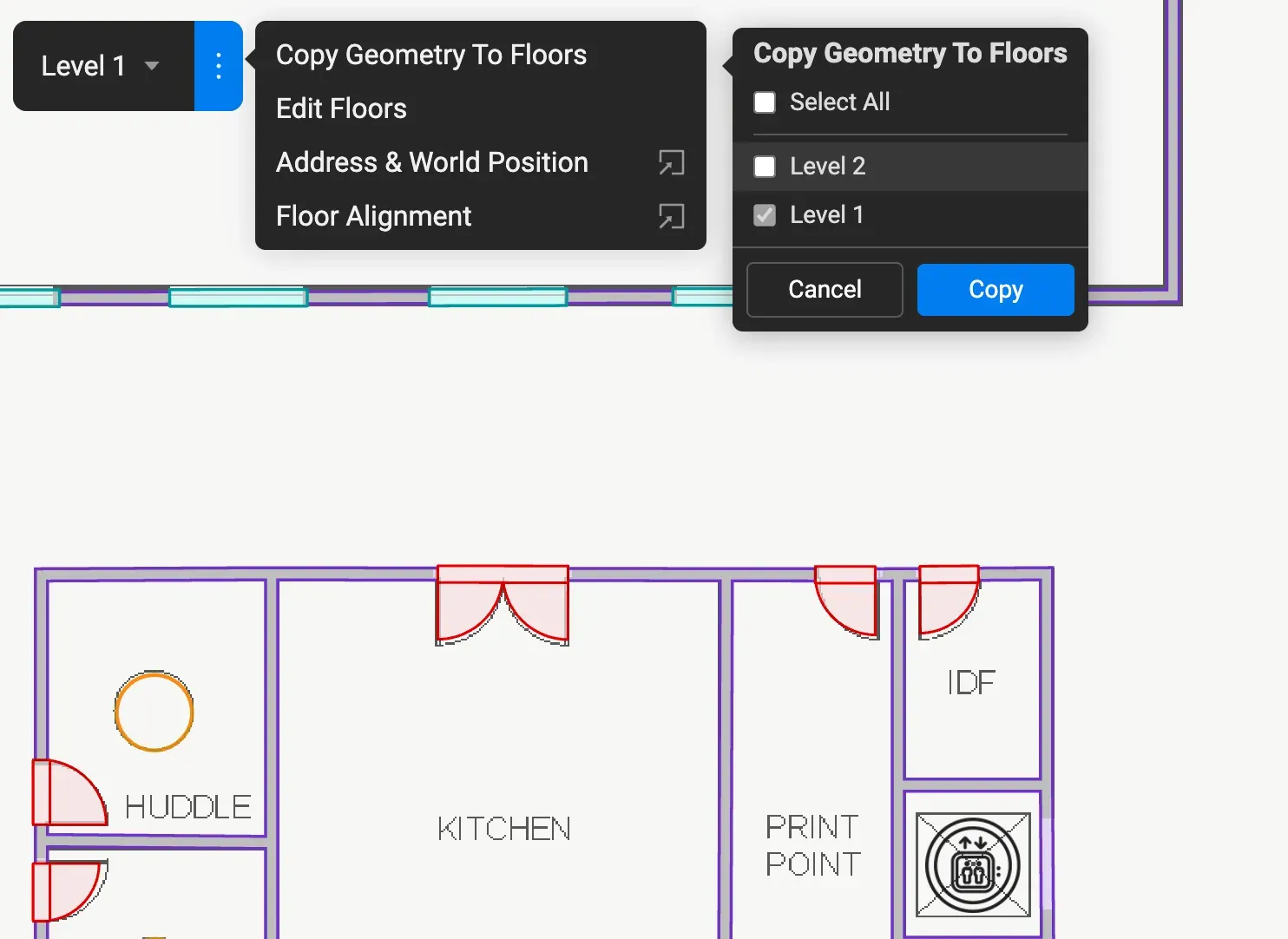 Screenshot showcasing copying geometry to other levels