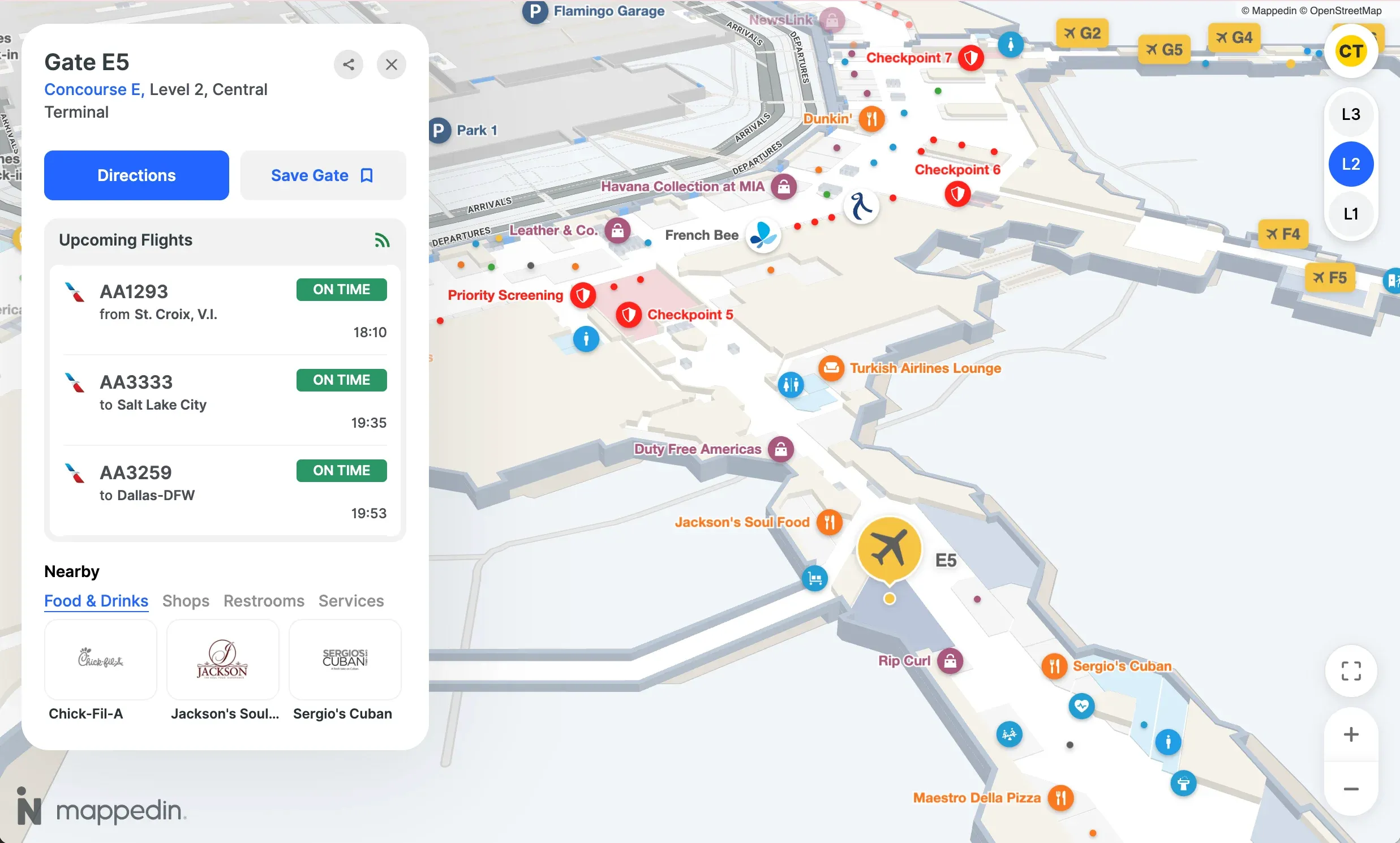 Real-time gate information and flight status display on Mappedin AI Navigator at Miami International Airport