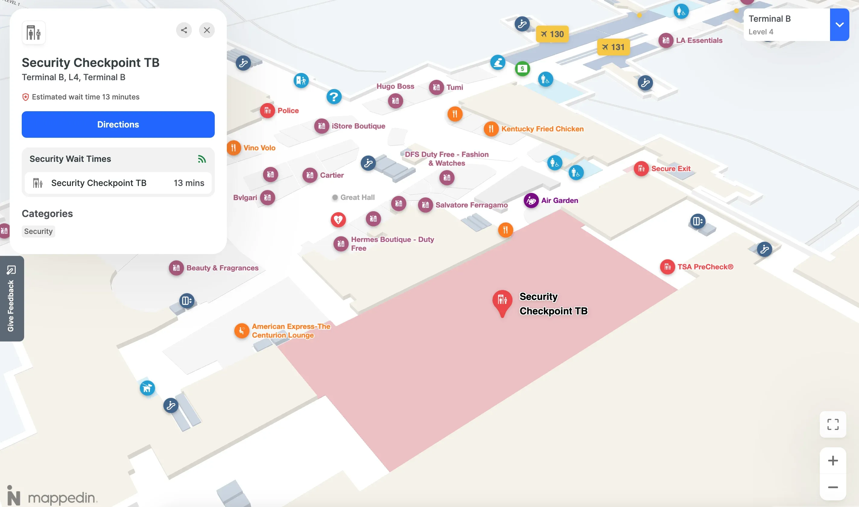 Security wait times visible on airport map