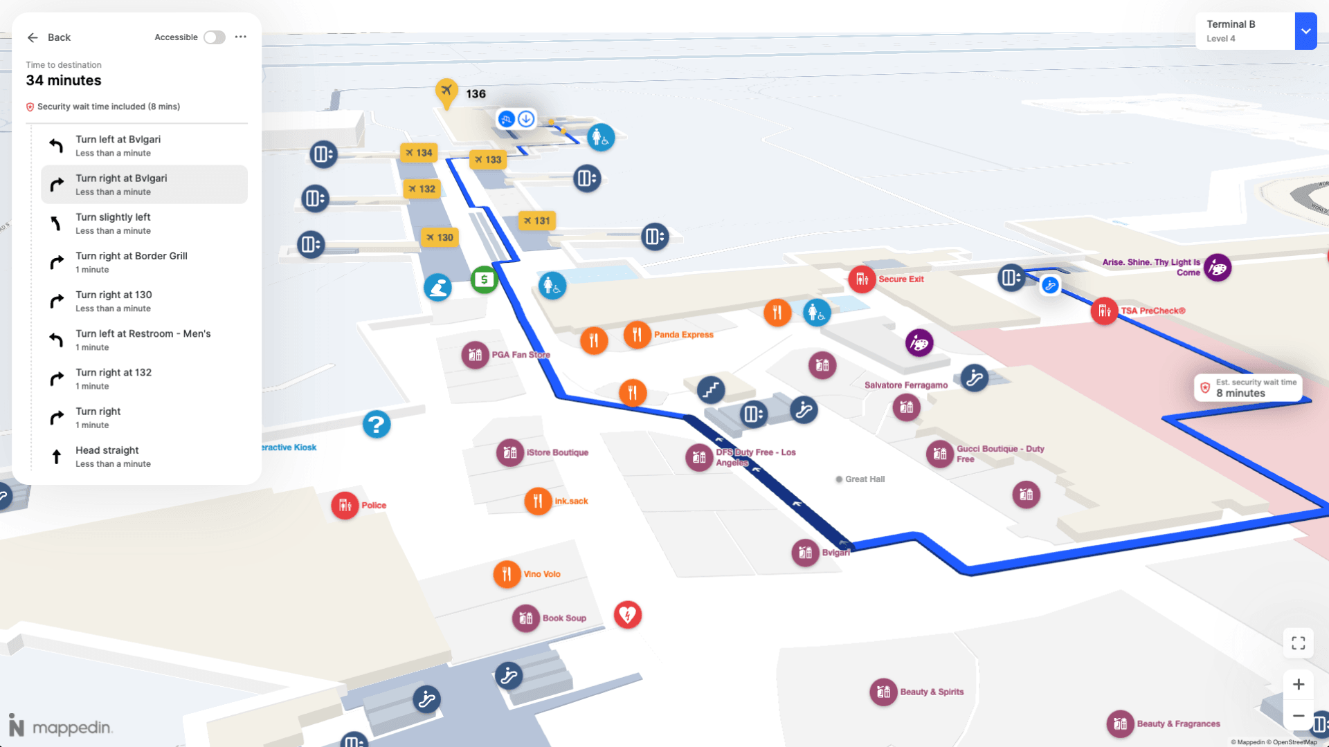 Airport map displaying step-by-step directions to gate