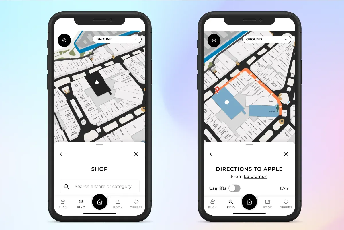 Vicinity Centres mobile app showing maps